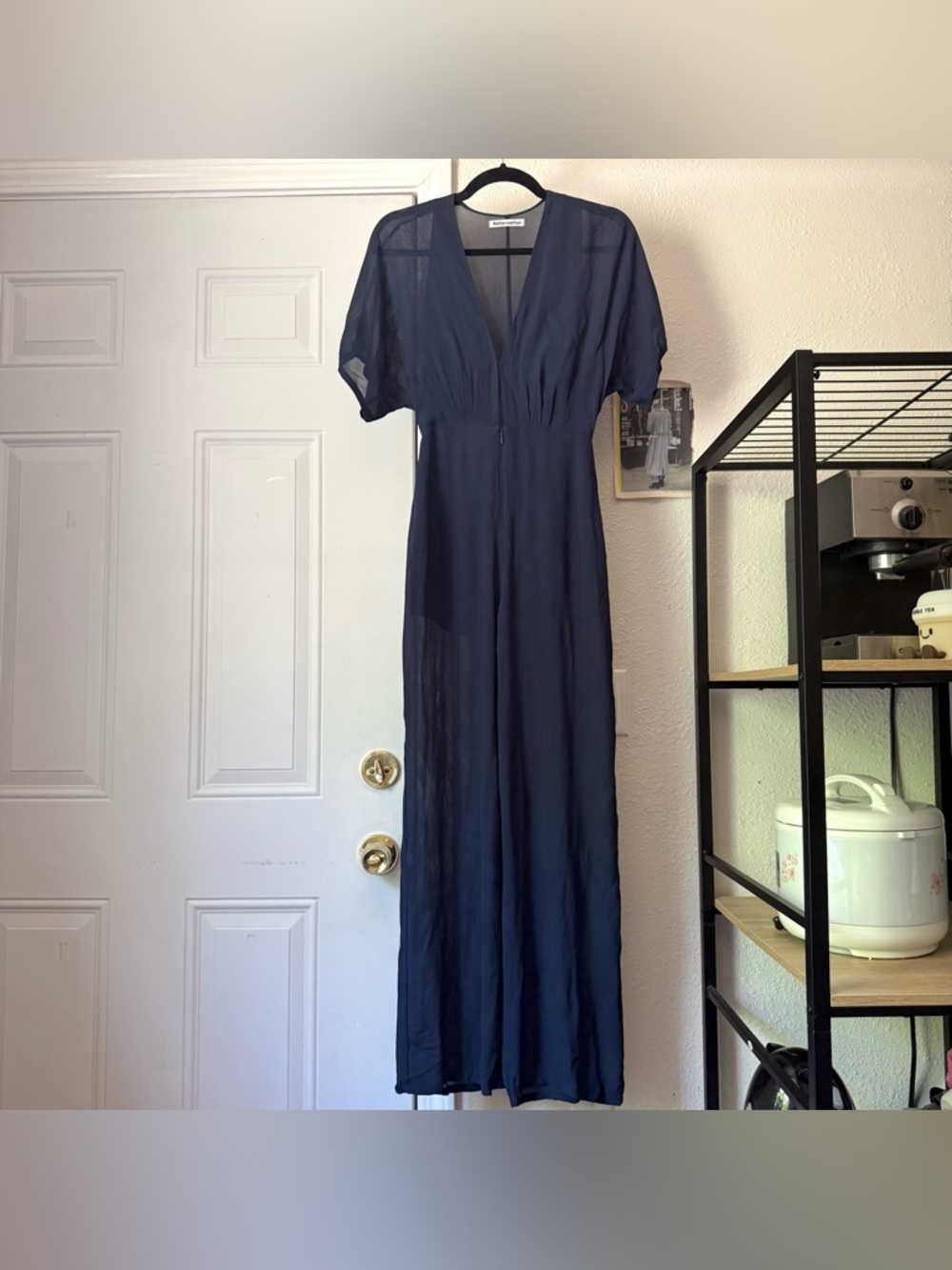 Reformation navy blue short sleeve cutout v-neck viscose wide leg jumpsuit